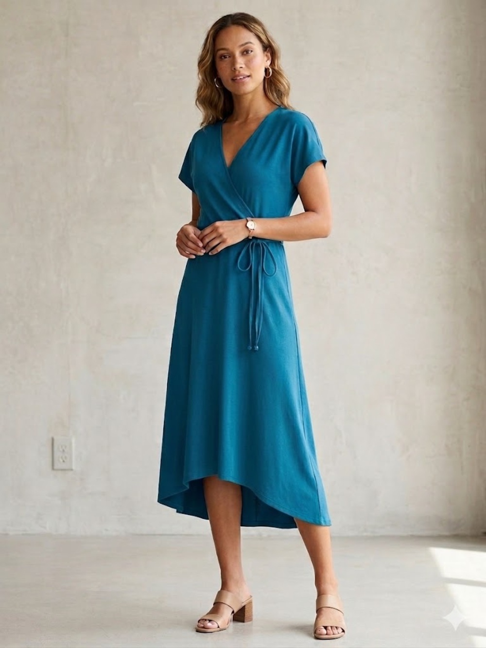 Eddie Bauer Deep Teal Blue Wrap-Style Midi Dress, Size Small, Stretch Knit